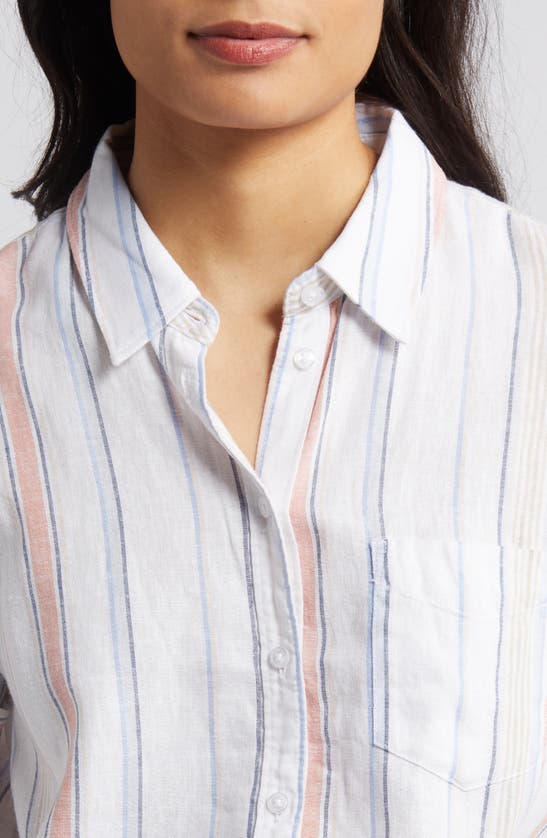 Shop Caslon Linen Blend Camp Shirt In White- Blue Taylor Stripe