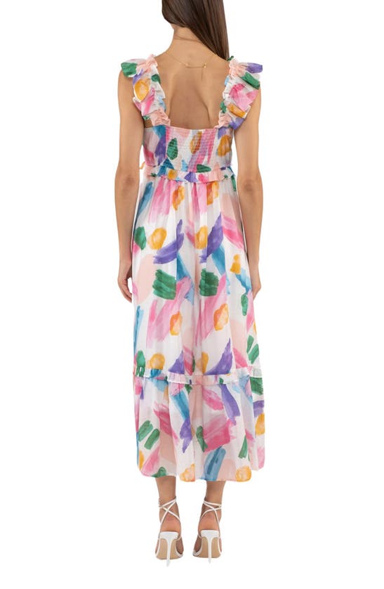 Blu Pepper Brush Stroke Ruffle Midi Sundress In White Multi