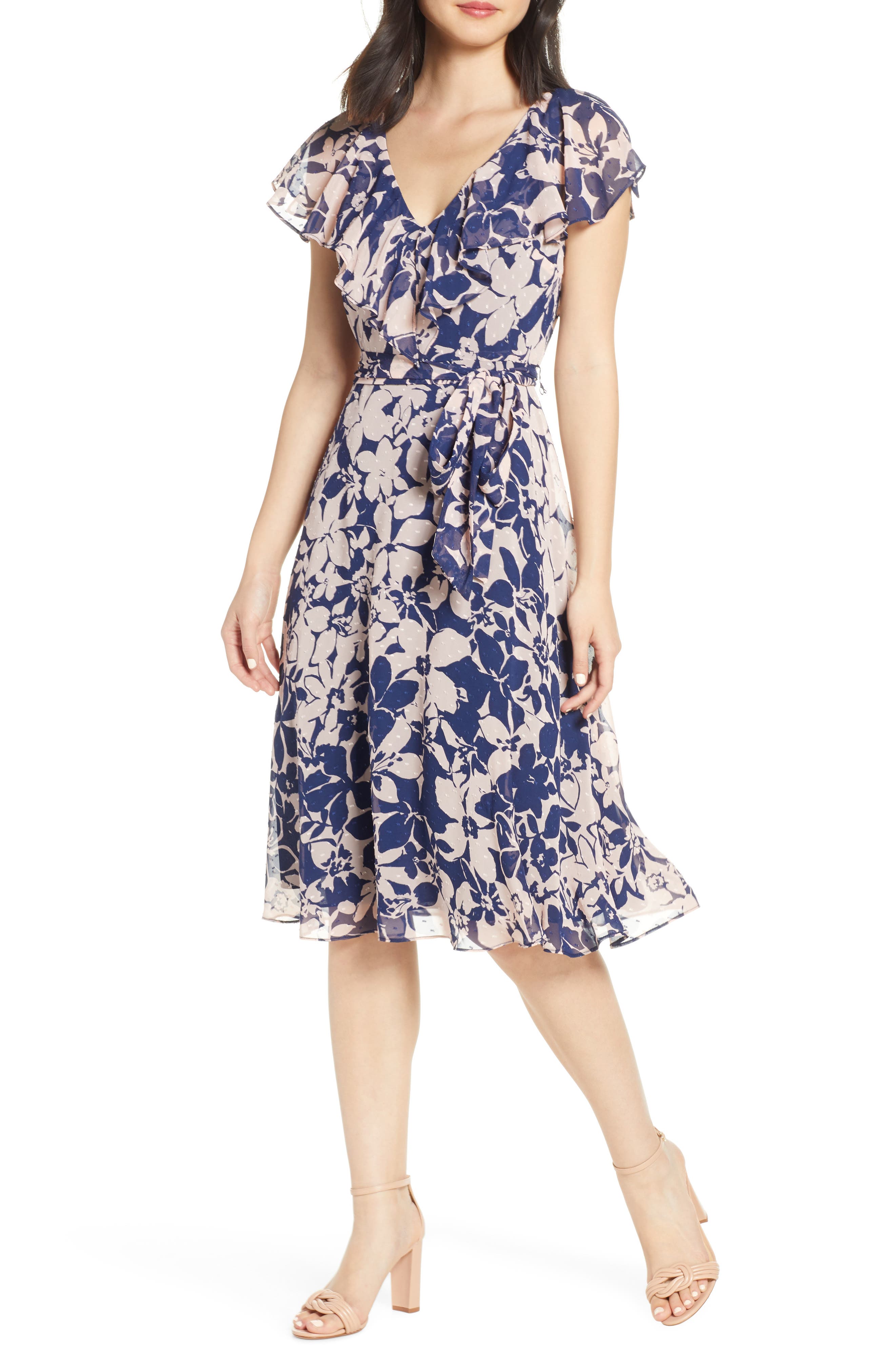 Eliza J Floral Print V-Neck Clip Dot Dress, Blue