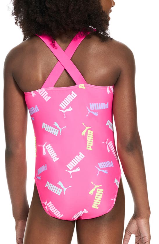 Shop Puma Kids' Crossback Allover Logo One-piece Swimsuit In Ravish