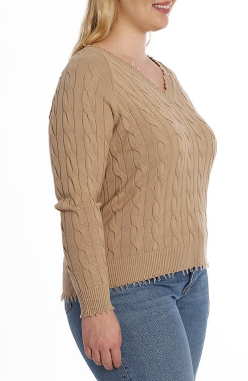 Shop Minnie Rose Frayed V-neck Cable Knit Cotton Sweater In Brown Sugar