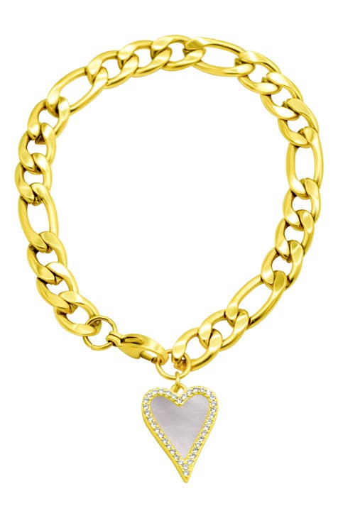 Water Resistant Crystal & Mother of Pearl Heart Figaro Chain Bracelet