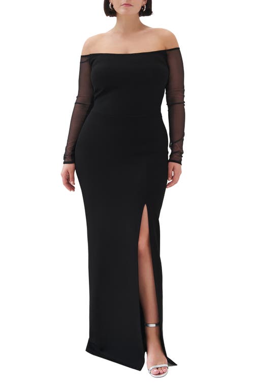 Marcella Marian Off The Shoulder Mesh Long Sleeve Gown In Black