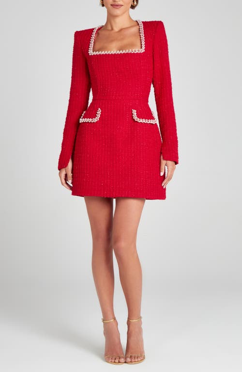 Shop Nadine Merabi Natalie Bead Detail Long Sleeve Tweed Cocktail Minidress In Red