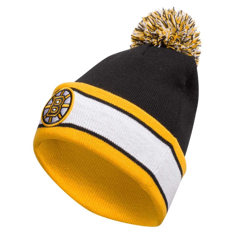 Shop Adidas Originals Adidas Black Boston Bruins Team Stripe Cuffed Knit Hat With Pom