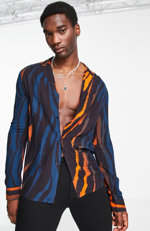 Ombré Tiger Print Revere Collar Button-Up Shirt in Multi
