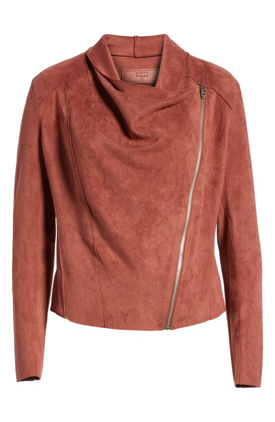 Shop Blanknyc Drape Front Faux Suede Jacket In Coral Cedar
