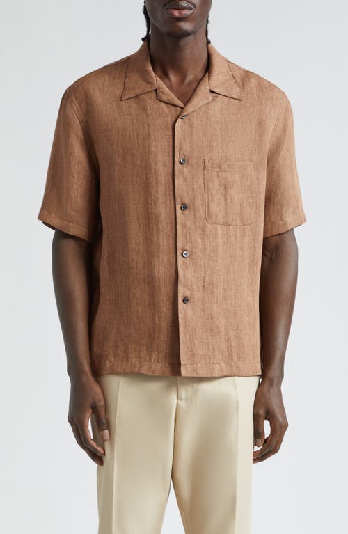Palm Angels Linen Button-Up Bowling Shirt Light Brown Black at Nordstrom, Us