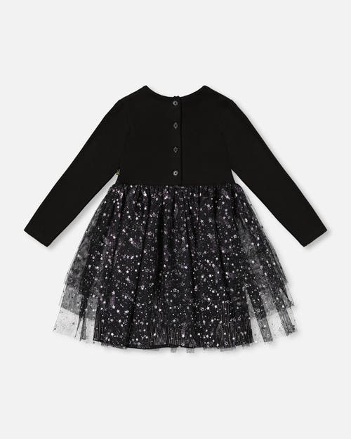 Shop Deux Par Deux Baby Girl's Bi-material Dress With Glittering Tulle Skirt Black In Anthracite