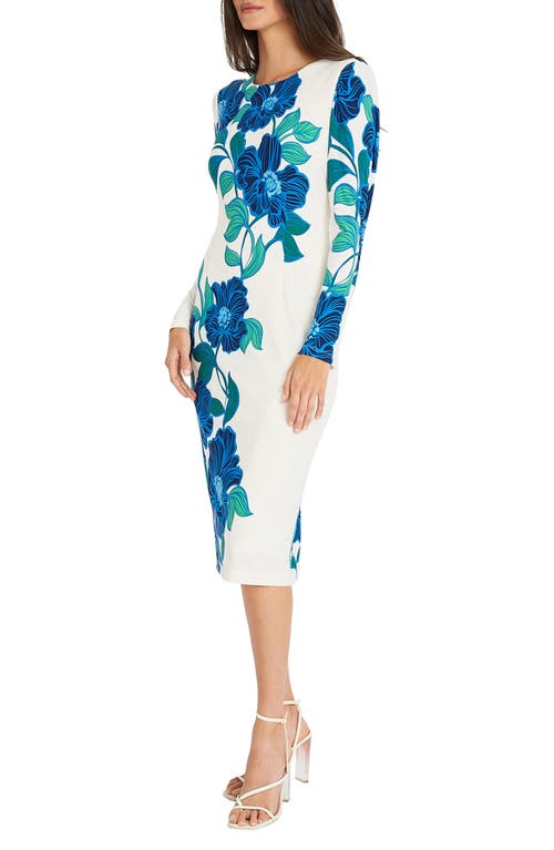 Shop Maggy London Floral Long Sleeve Knit Midi Dress In Soft White/cobalt