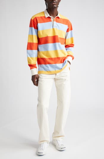 Drake's Stripe Long Sleeve Rugby Polo in Lemon/red/blue 502