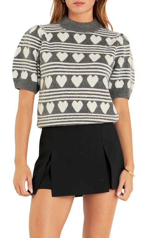 Shop English Factory Heart Stripe Puff Sleeve Sweater In Charcoal/white