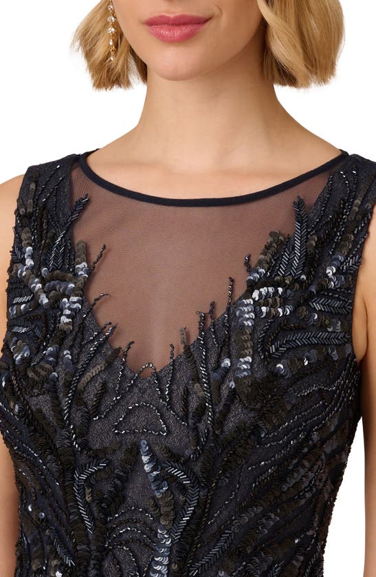 Shop Adrianna Papell Beaded Metallic Sleeveless Mesh Gown In Navy/ Silver
