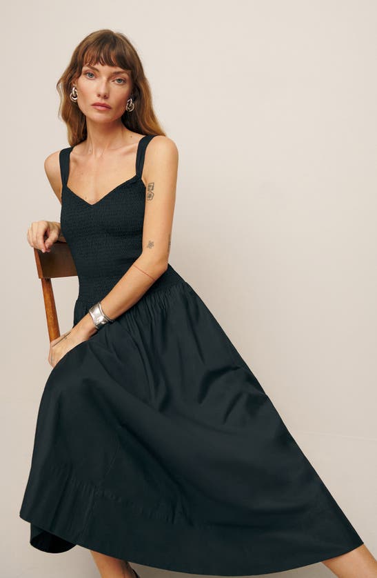 Shop Reformation Sariah Smocked Organic Cotton Midi Dress In Black