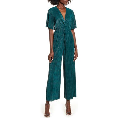 All In Favor Metallic Plisse Jumpsuit, Green