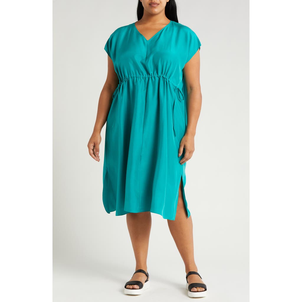 Eileen Fisher Side Tie Silk Midi Dress In Esmeralda