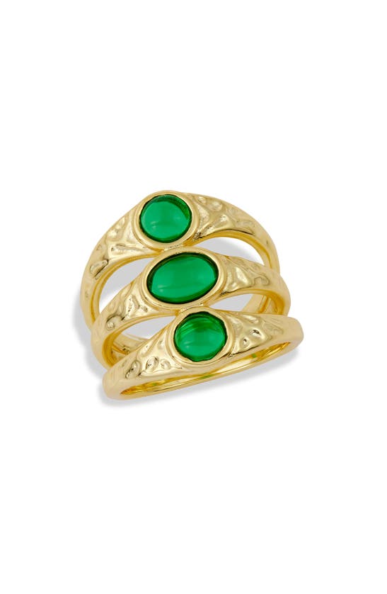 Savvy Cie Jewels Triple Cz Split Shank Ring In Yellow Gold/ Green