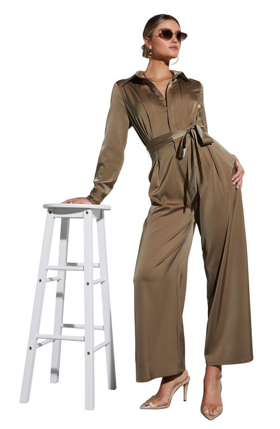 Shop Vici Collection Pull It Together Satin Jumpsuit In Dark Sage