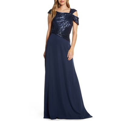 Tadashi Shoji Off-Shoulder Sequin Bodice Gown