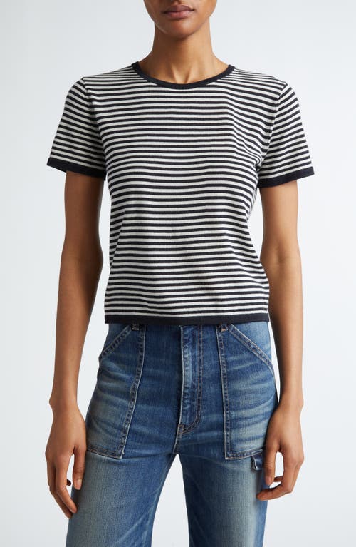 Nili Lotan Nadette Stripe Short Sleeve Merino Wool & Silk Sweater In Midnight/ivory Stripe