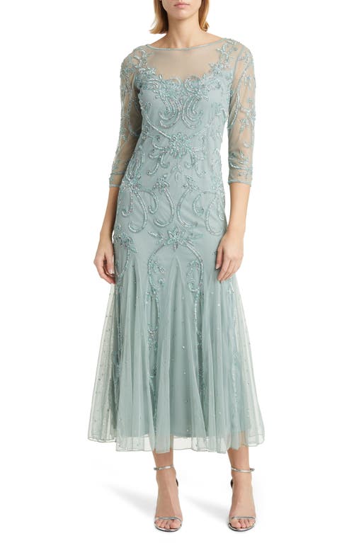 Beaded Illusion Neck Gown in Sage