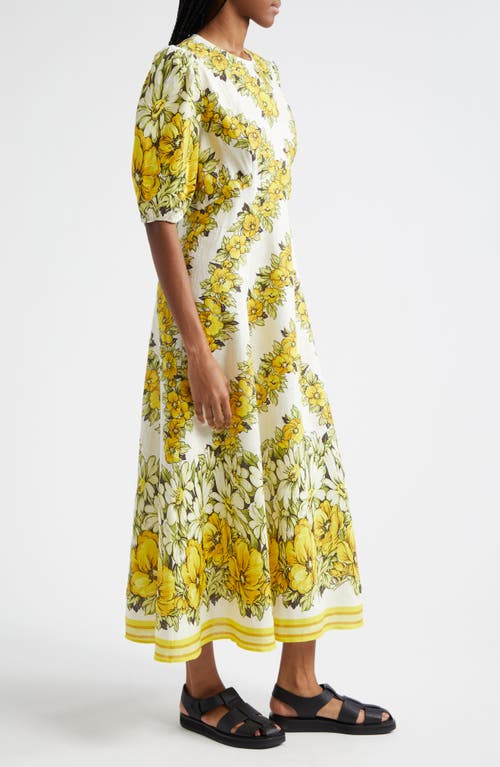 Shop Alemais Gisela Floral Puff Sleeve Midi Dress In Yellow