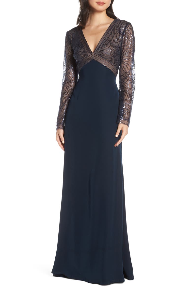 Tadashi Shoji Sequin & Crepe Long Sleeve Evening Dress Nordstrom