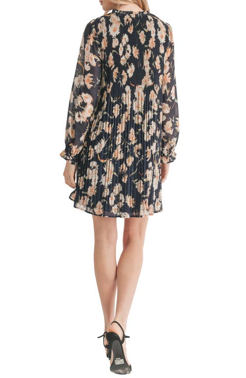 Shop Mila Mae Floral Long Sleeve Pleated Dress In Navy/yellow Floral
