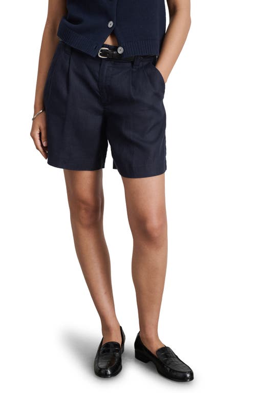 Jules Pleated Linen Shorts in Dark Navy