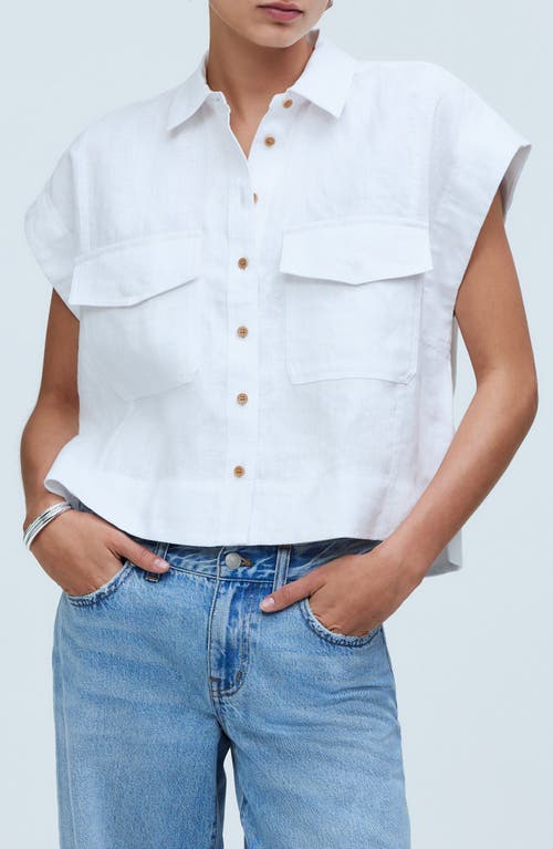 Flap Pocket Linen Button-Up Shirt in Eyelet White
