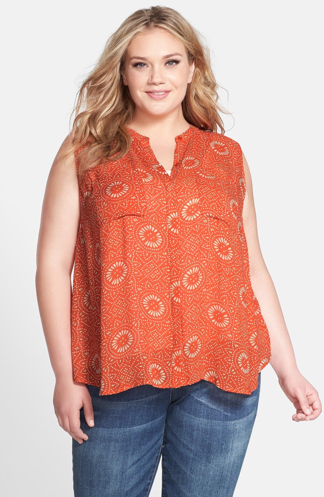 Lucky Brand 'Batik Dot' Sleeveless Band Collar Top (Plus Size) Nordstrom