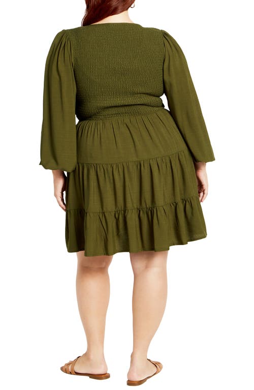 Shop City Chic Jemma Smocked Bodice Long Sleeve Dress In Dark Olive