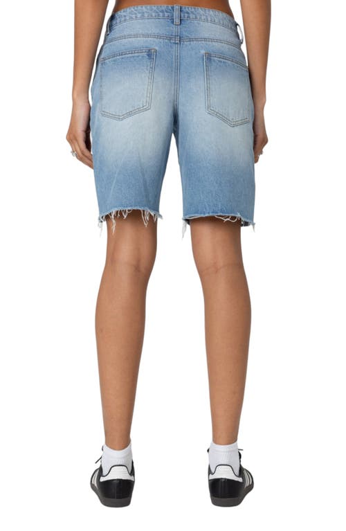 Shop Edikted Riptide Ripped Denim Bermuda Shorts In Blue-washed