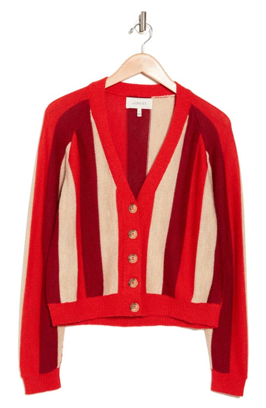 Shop The Great . The Varsity Cardigan In Hot Red Stripe