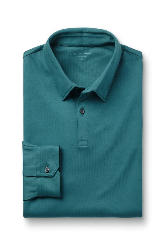 Shop Charles Tyrwhitt Plain Long Sleeve Jersey Polo In Teal Green
