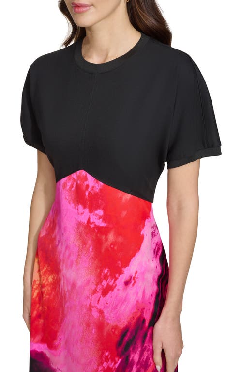 Shop Dkny Mixed Media Satin Midi Dress In Black/shocking Pink Multi