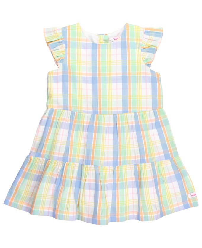 Shop Rufflebutts Girls Flutter Sleeve Tiered Dress In Clubhouse Rainbow Plaid