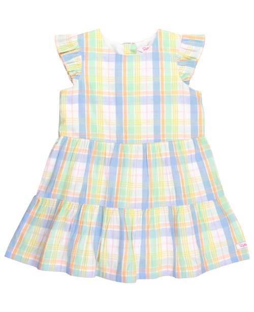 RuffleButts Girls Flutter Sleeve Tiered Dress in Clubhouse Rainbow Plaid at Nordstrom
