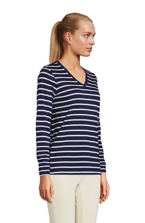 Shop Lands' End Relaxed Supima Cotton Long Sleeve V-neck T-shirt In Deep Sea Navy Breton Stripe