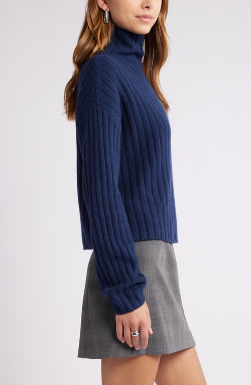 Shop Open Edit Cotton Blend Rib Funnel Neck Sweater In Navy Blazer