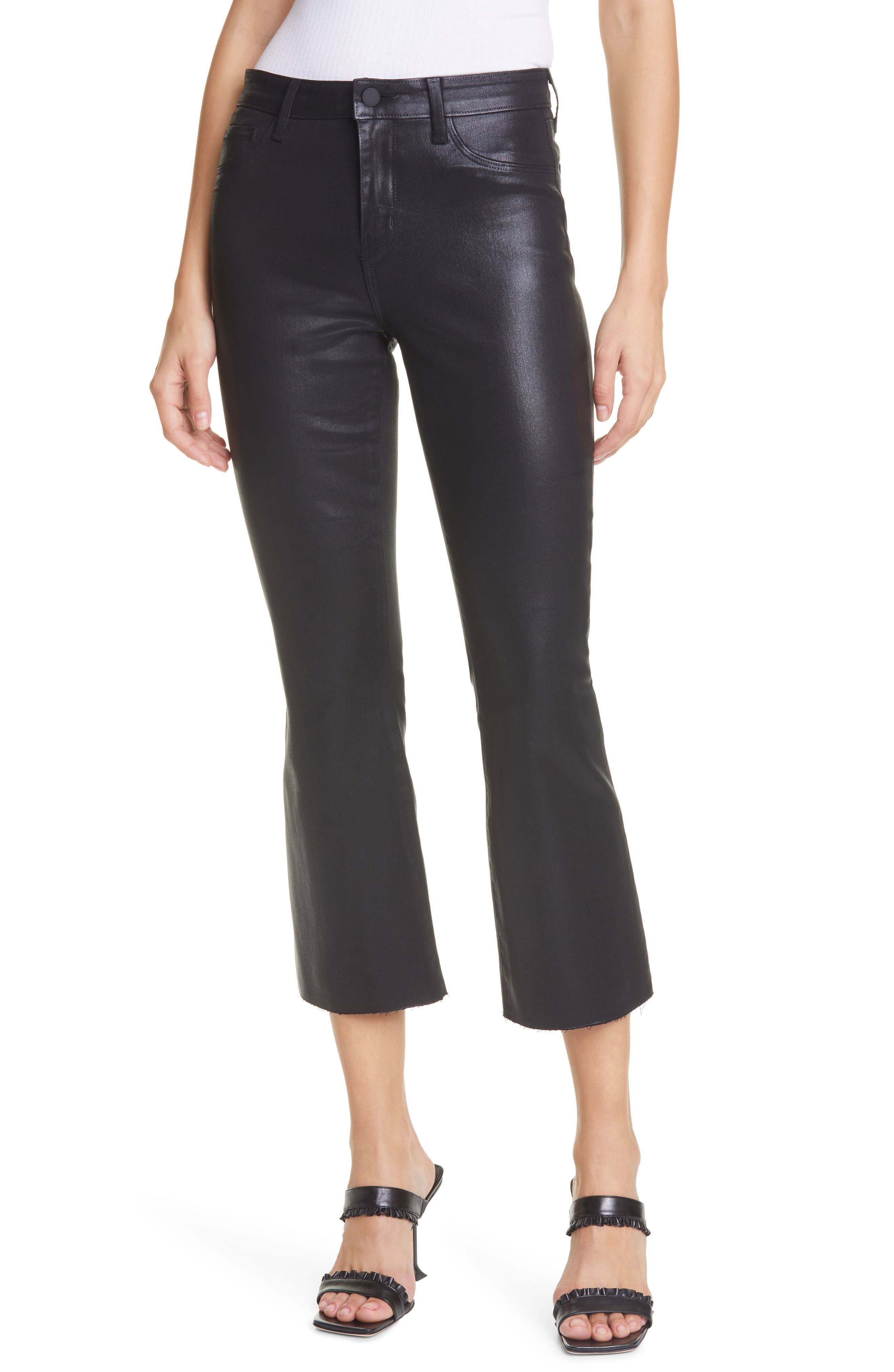 L'AGENCE Kendra Coated High Waist Crop Flare Jeans in Noir Coated at Nordstrom