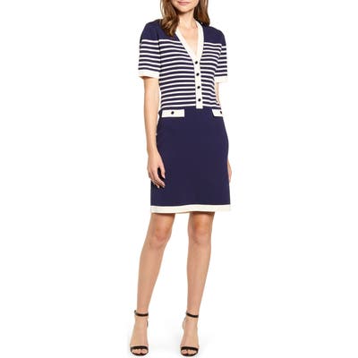 Anne Klein Stripe Colorblock Cotton Blend Sweater Dress, Blue
