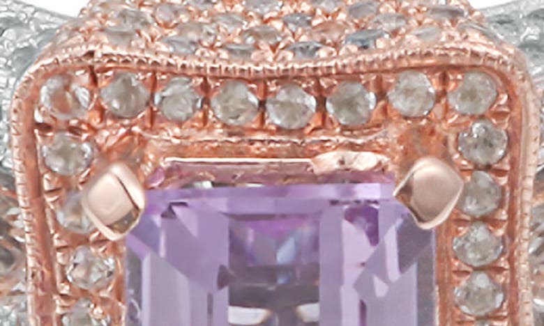 Shop Suzy Levian Two-tone Emerald Cut Amethyst & White Topaz Halo Ring In Pink