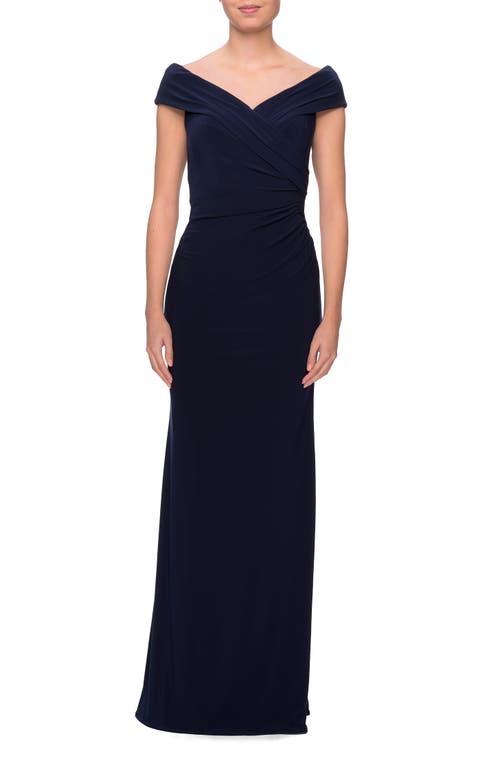 Shop La Femme Off The Shoulder Jersey Dress With Ruching In Navy