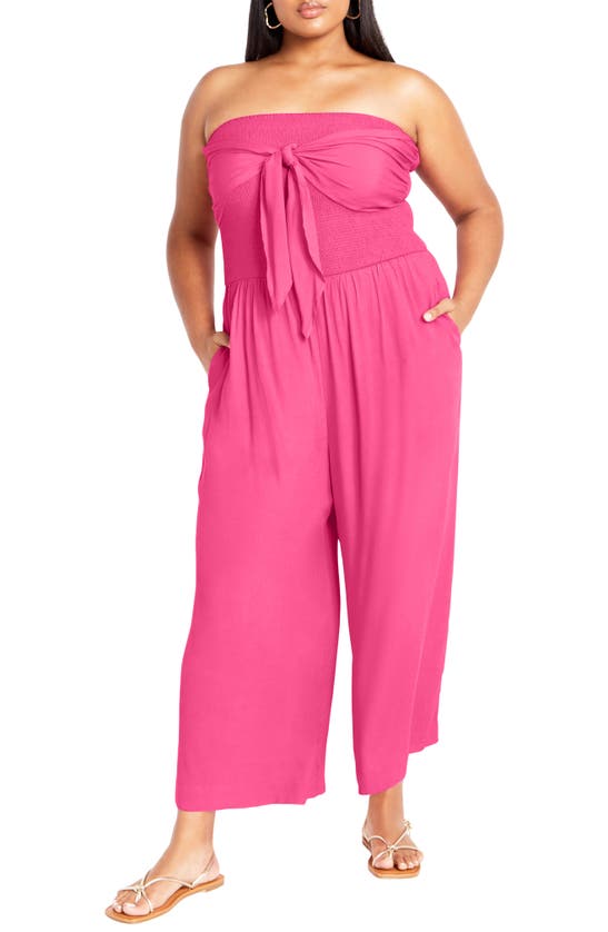 City Chic Jez Tie Front Strapless Jumpsuit In Pink