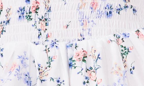 Shop Chaus Puff Sleeve Smocked Peplum Top In White/pink/blue