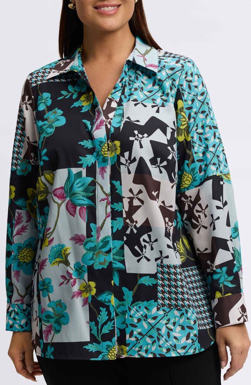 Foxcroft Kylie Cotton Sateen Button-up Shirt In Aqua/ Green Multi