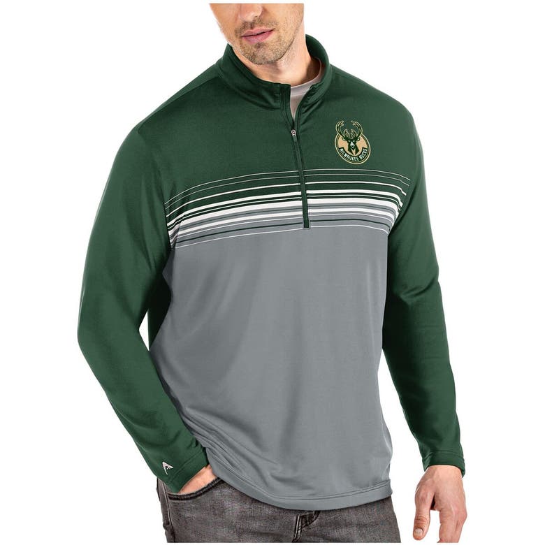 Shop Antigua Hunter Green/gray Milwaukee Bucks Pace Quarter-zip Pullover Jacket