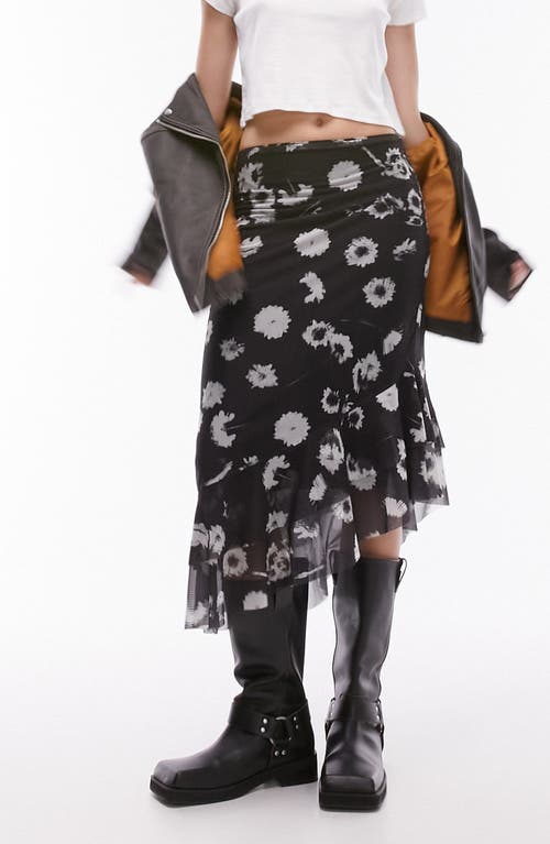 Floral Mesh Asymmetric Midi Skirt in Black Multi