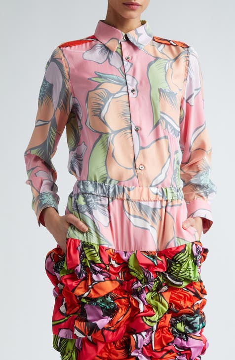 Floral Reverse Print Satin Button-Up Shirt